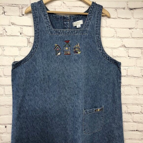 Christopher & Banks Denim Jumper Dress Modest Teacher Embroidered Plus Sz 18 - Picture 1 of 15